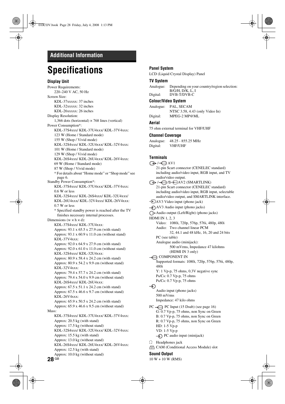 Specifications, Additional information | Sony KDL-32V4000 User Manual | Page 28 / 181