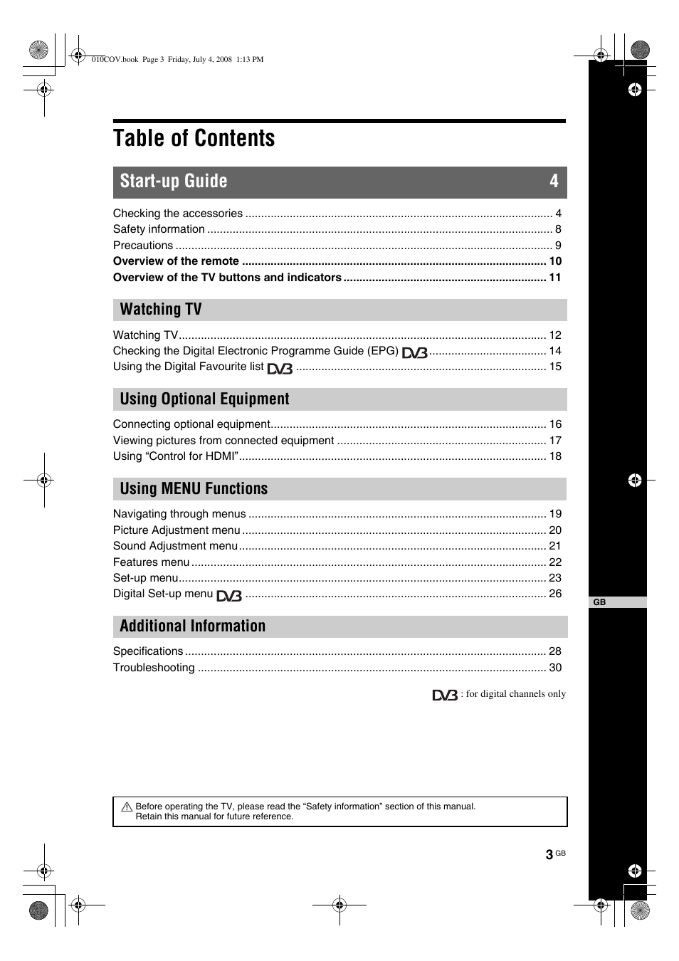 Sony KDL-32V4000 User Manual | Page 3 / 181