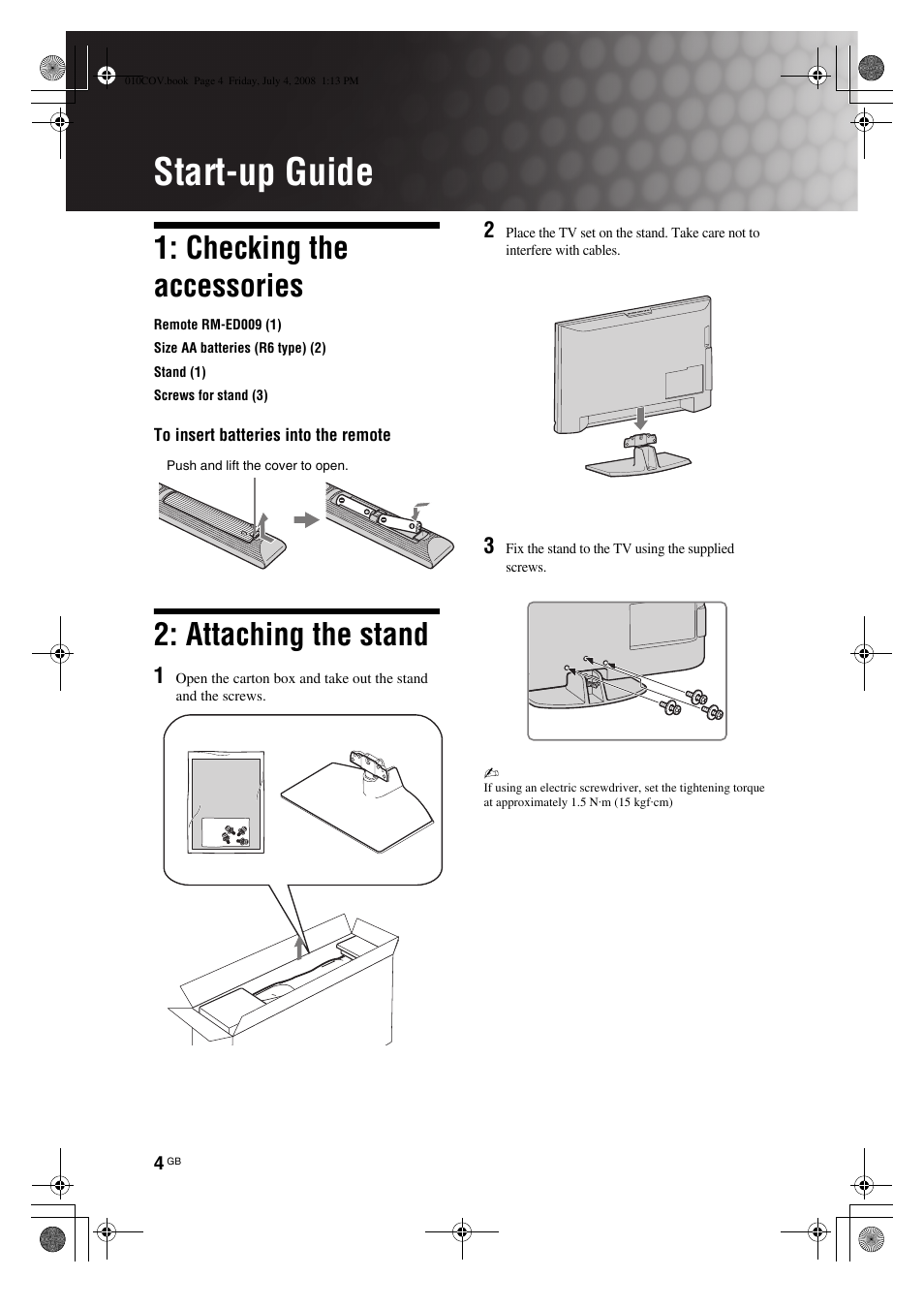 Start-up guide, Checking the accessories, Attaching the stand | Sony KDL-32V4000 User Manual | Page 4 / 181