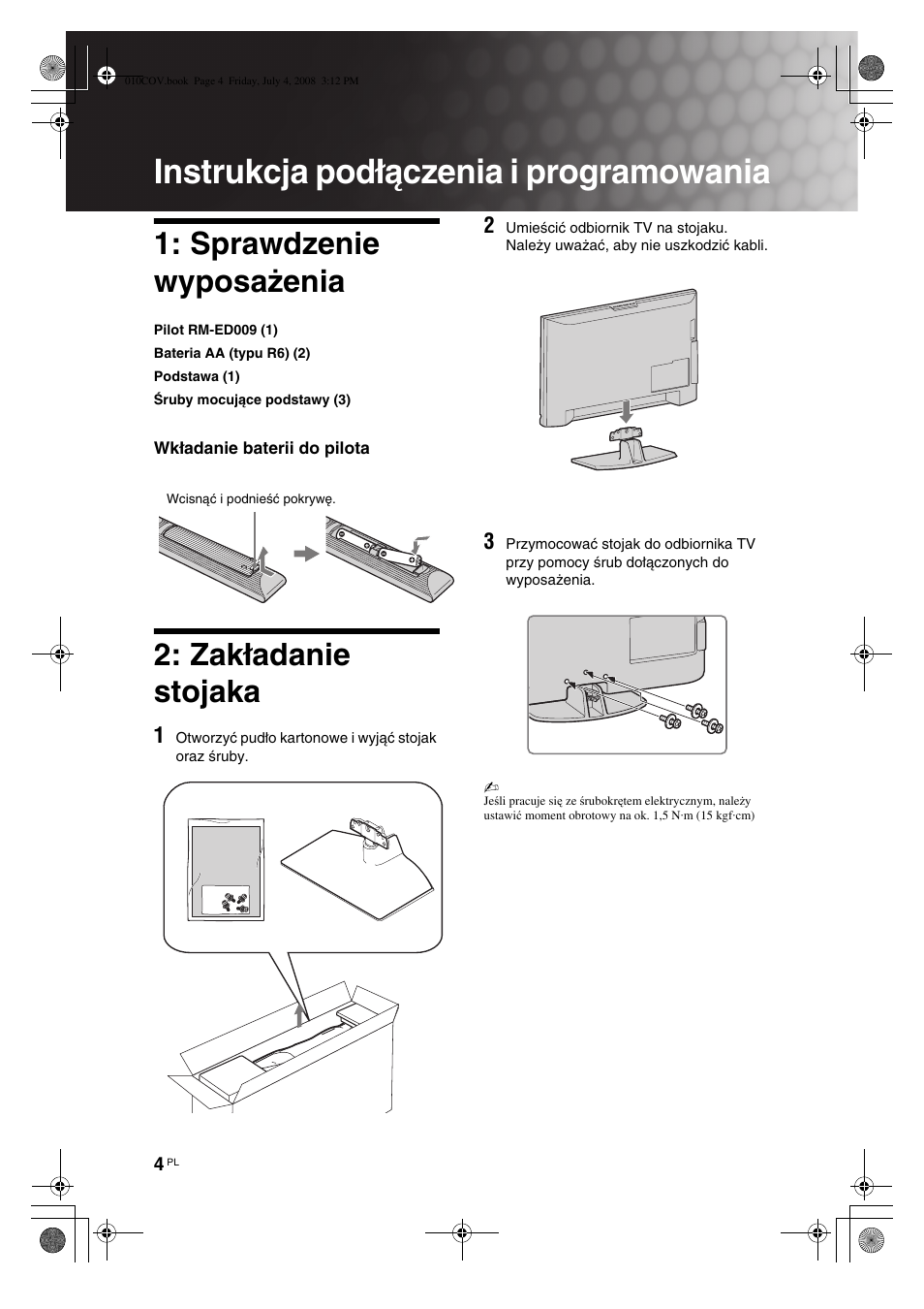 Instrukcja podłączenia i programowania, Sprawdzenie wyposażenia, Zakładanie stojaka | Sony KDL-32V4000 User Manual | Page 64 / 181