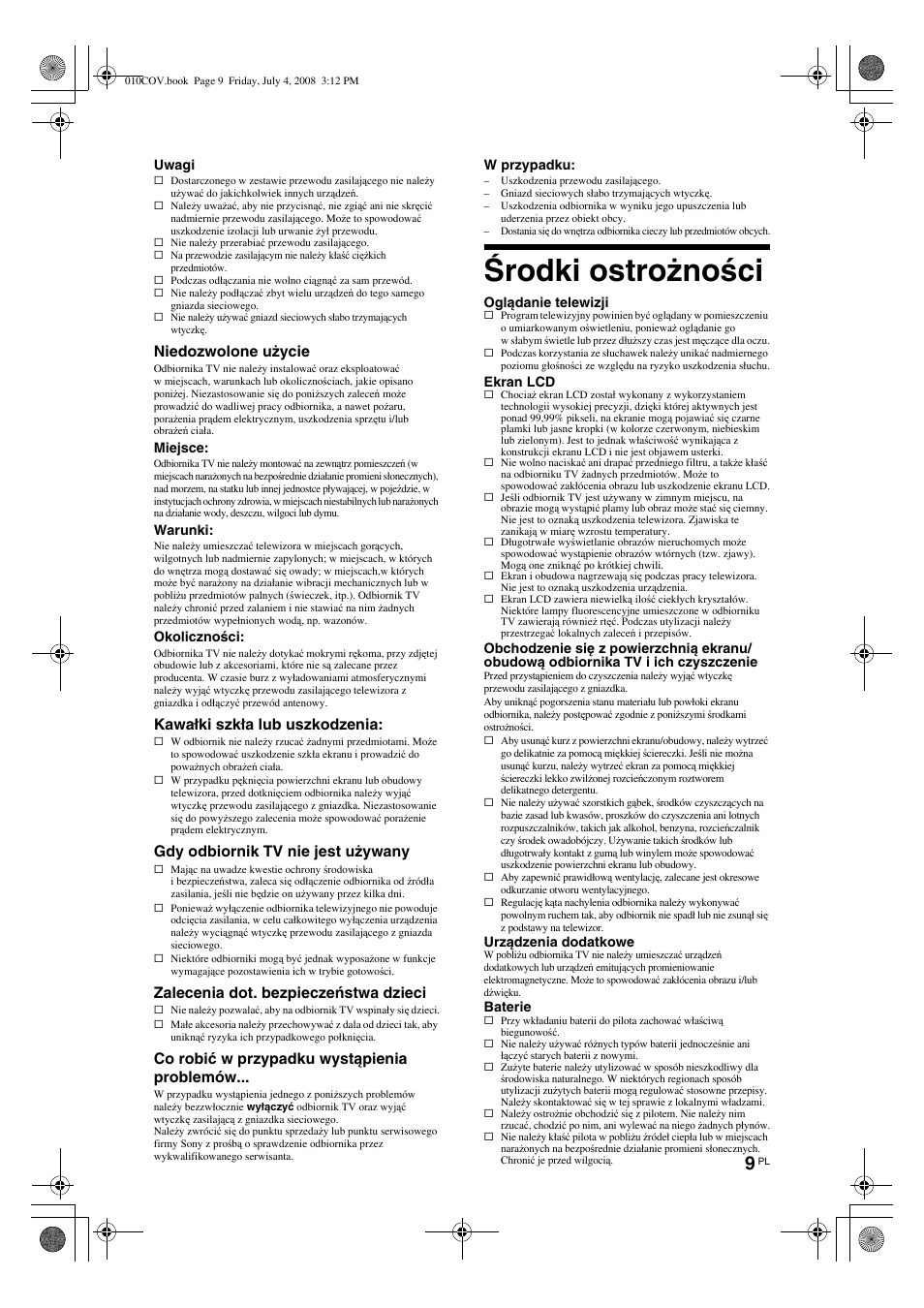 Środki ostrożności | Sony KDL-32V4000 User Manual | Page 69 / 181