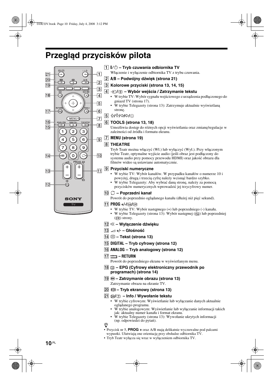 Przegląd przycisków pilota | Sony KDL-32V4000 User Manual | Page 70 / 181
