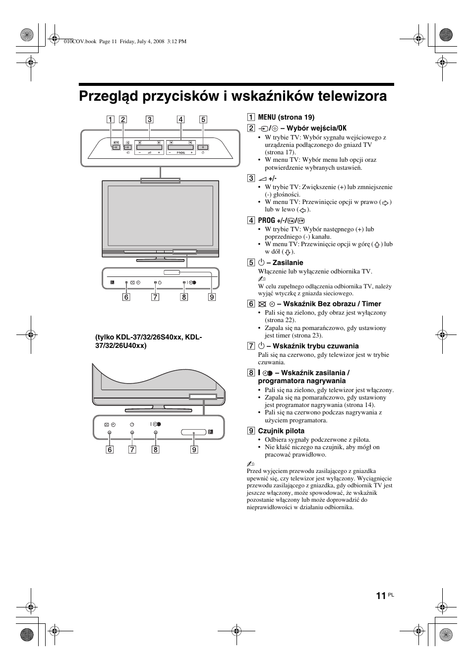 Przegląd przycisków i wskaźników telewizora | Sony KDL-32V4000 User Manual | Page 71 / 181