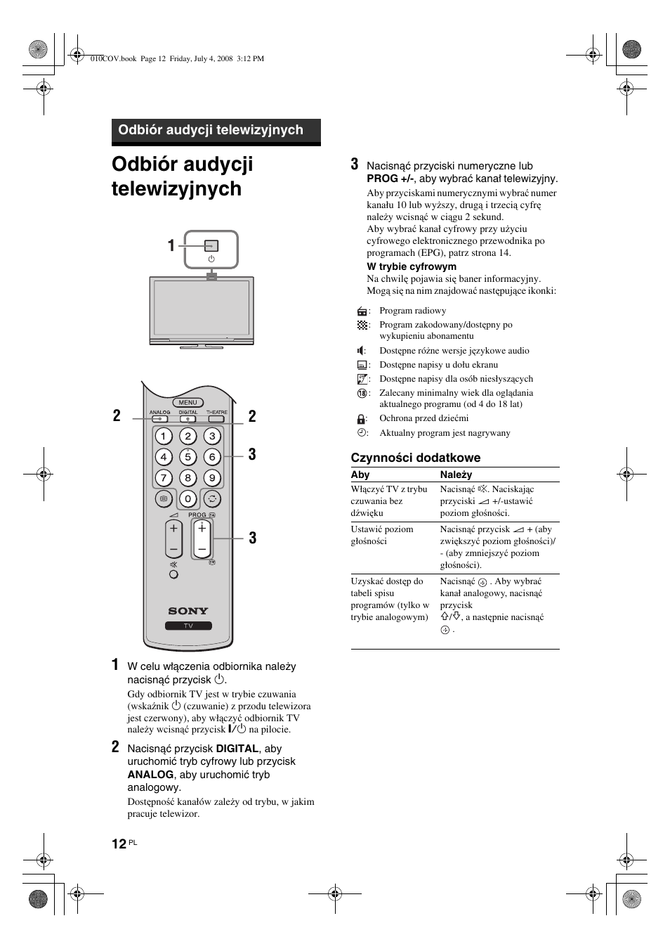 Odbiór audycji telewizyjnych | Sony KDL-32V4000 User Manual | Page 72 / 181