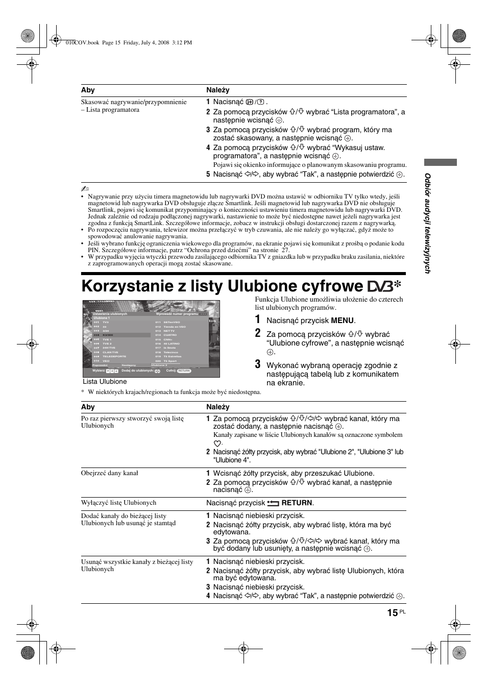 Korzystanie z listy ulubione cyfrowe | Sony KDL-32V4000 User Manual | Page 75 / 181