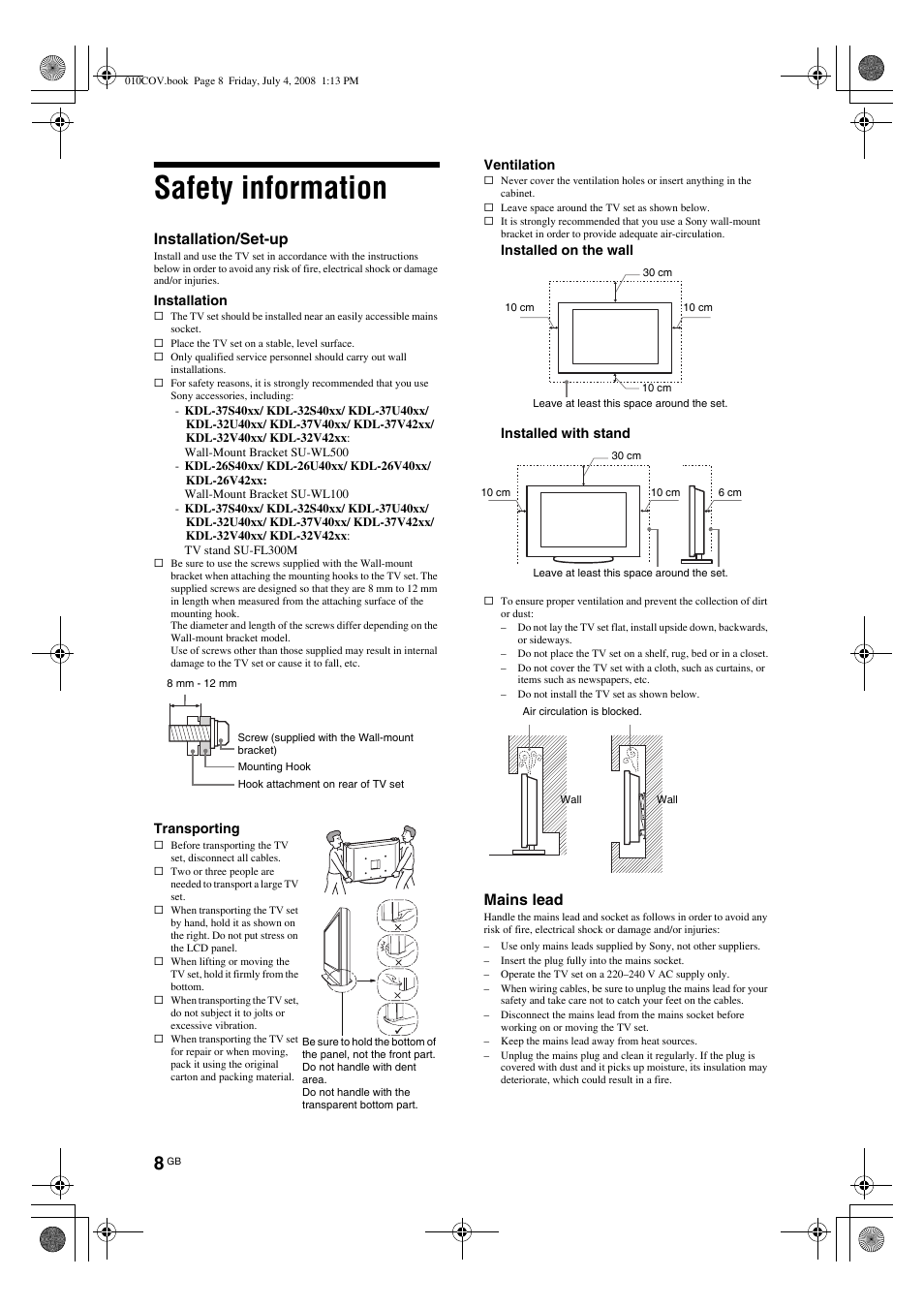 Safety information | Sony KDL-32V4000 User Manual | Page 8 / 181
