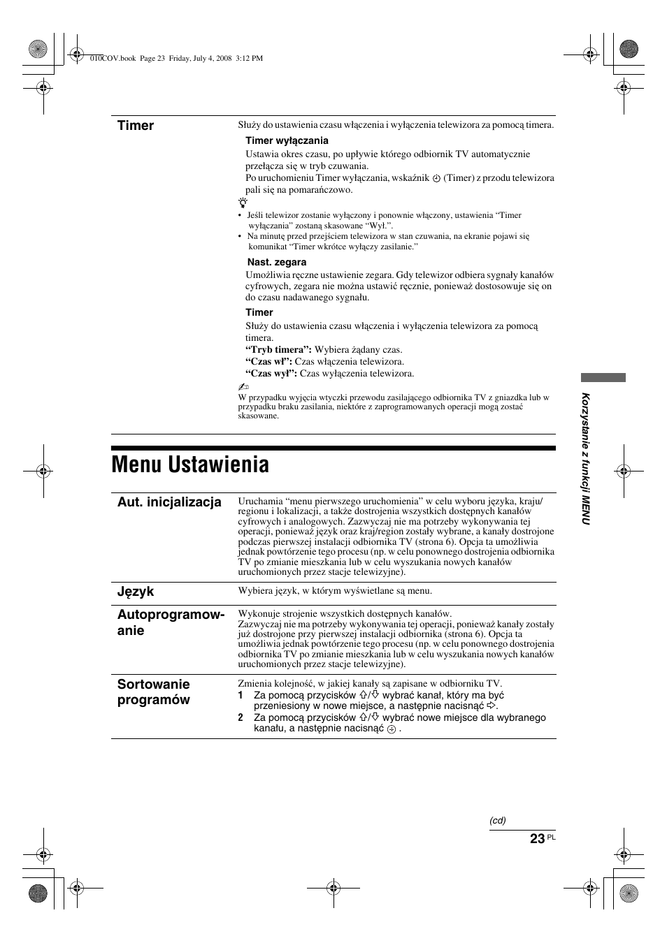 Menu ustawienia, Timer, Aut. inicjalizacja | Język, Autoprogramow- anie, Sortowanie programów | Sony KDL-32V4000 User Manual | Page 83 / 181