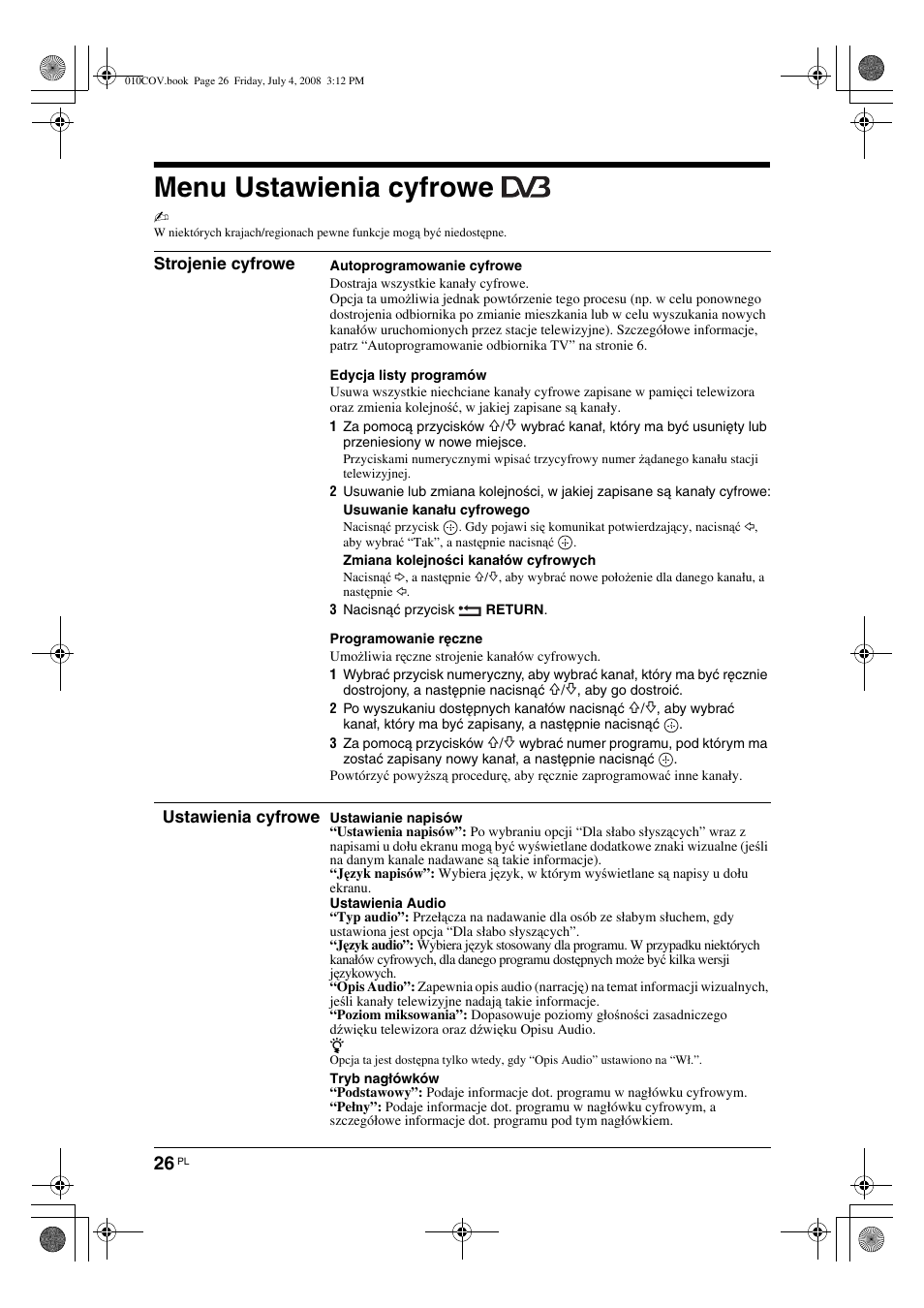 Menu ustawienia cyfrowe | Sony KDL-32V4000 User Manual | Page 86 / 181