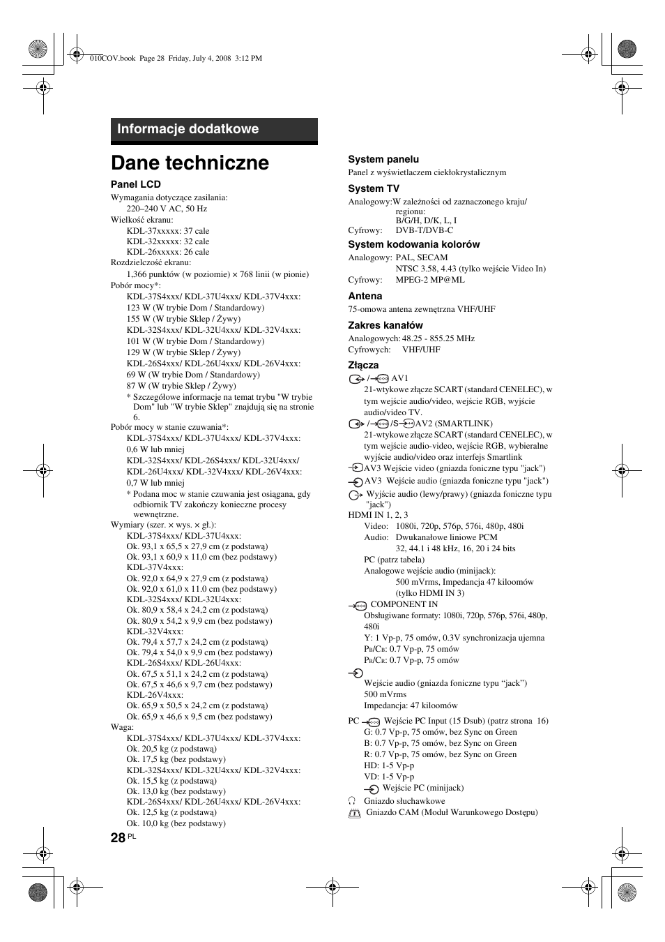 Dane techniczne, Informacje dodatkowe | Sony KDL-32V4000 User Manual | Page 88 / 181