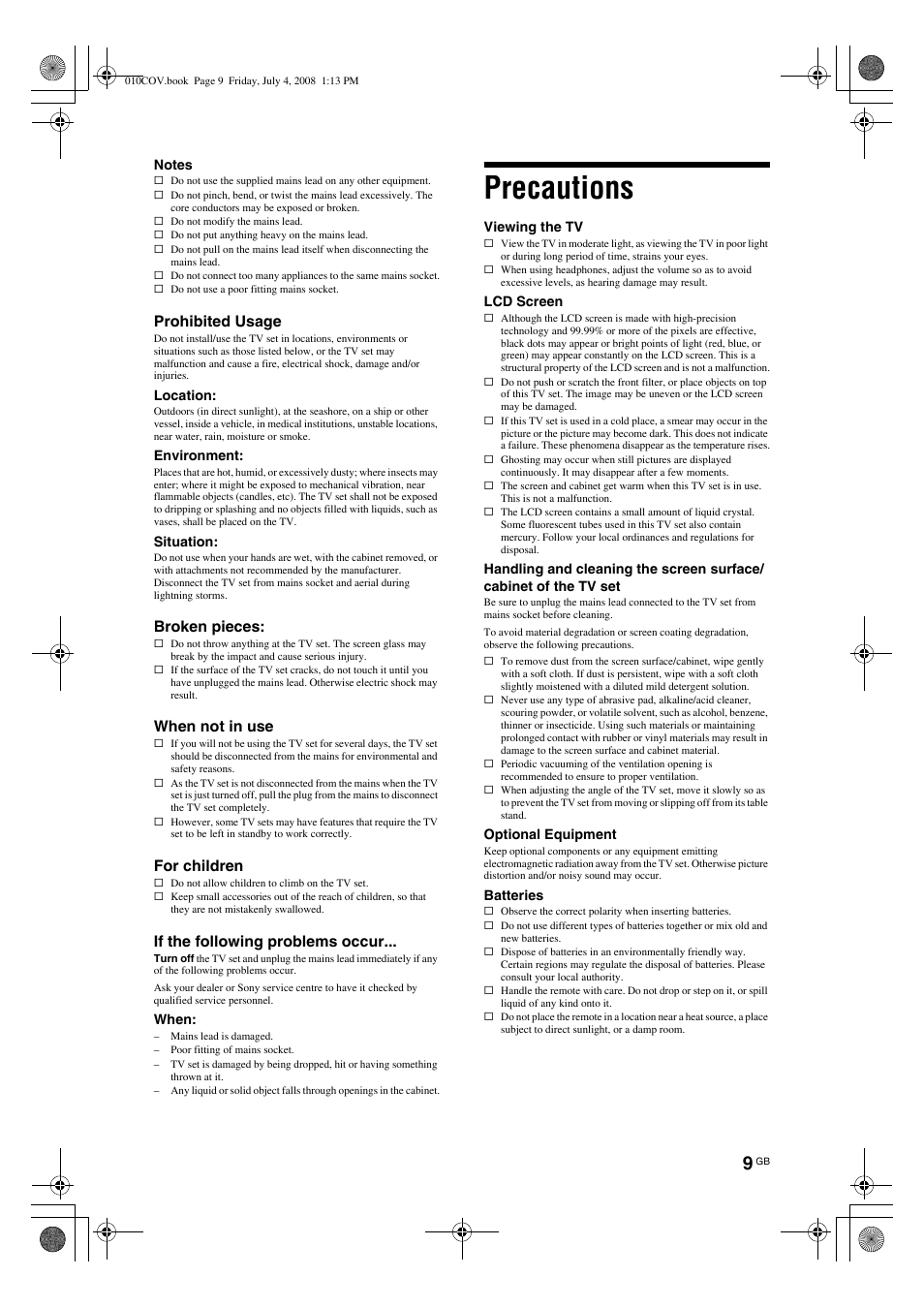 Precautions | Sony KDL-32V4000 User Manual | Page 9 / 181