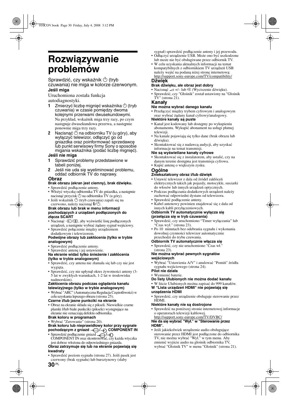 Rozwiązywanie problemów | Sony KDL-32V4000 User Manual | Page 90 / 181