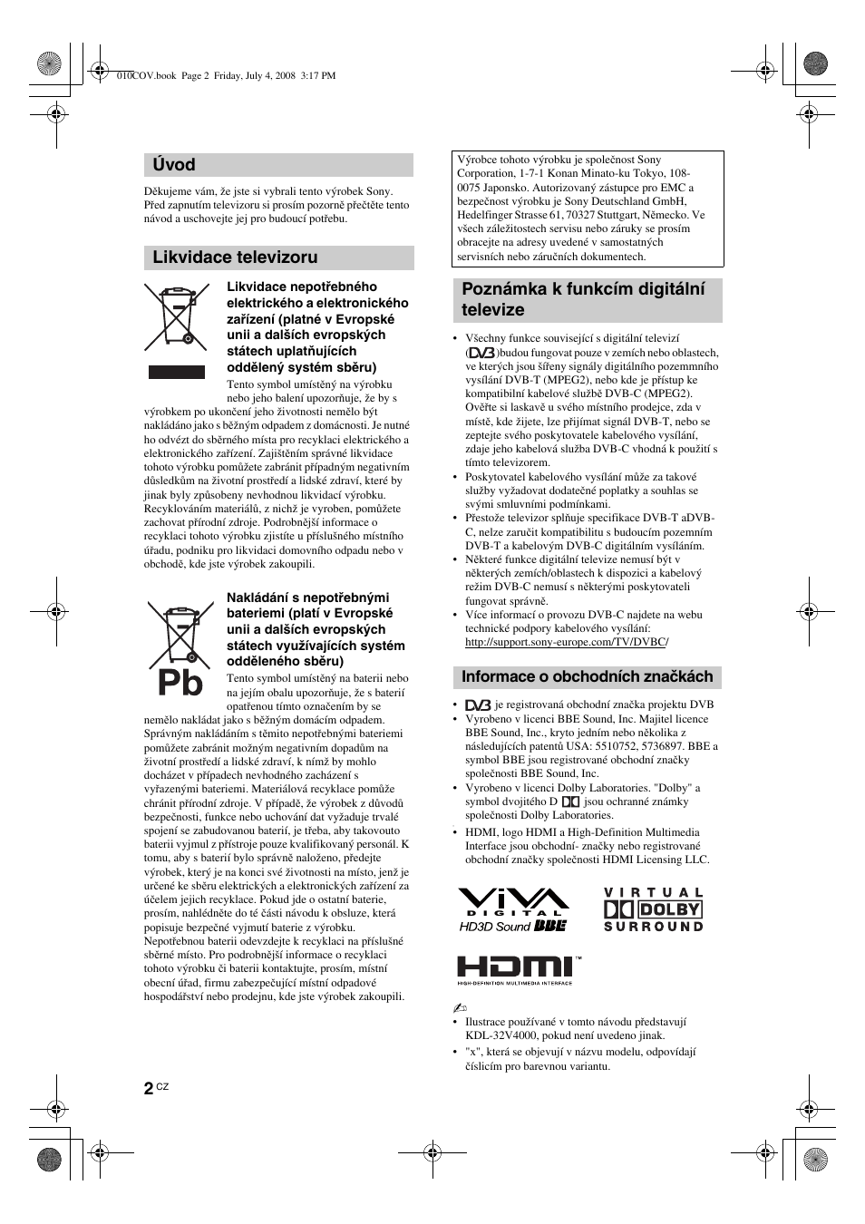 Informace o obchodních značkách | Sony KDL-32V4000 User Manual | Page 92 / 181