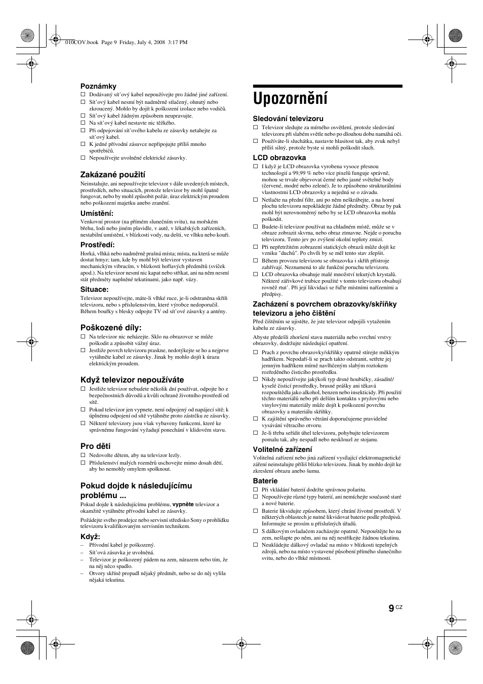 Upozornění | Sony KDL-32V4000 User Manual | Page 99 / 181