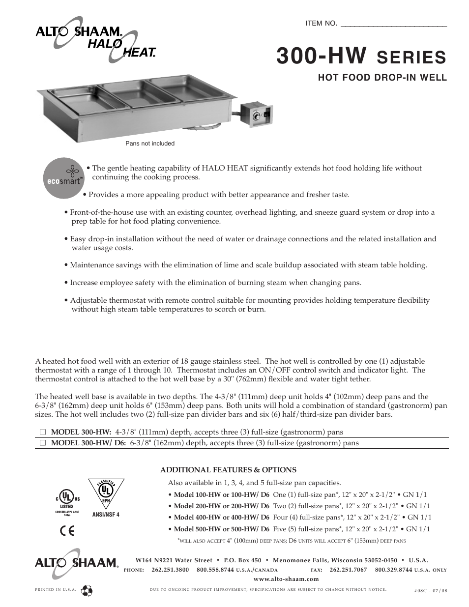 Alto-Shaam Halo Heat 300-HW SERIES User Manual | 2 pages