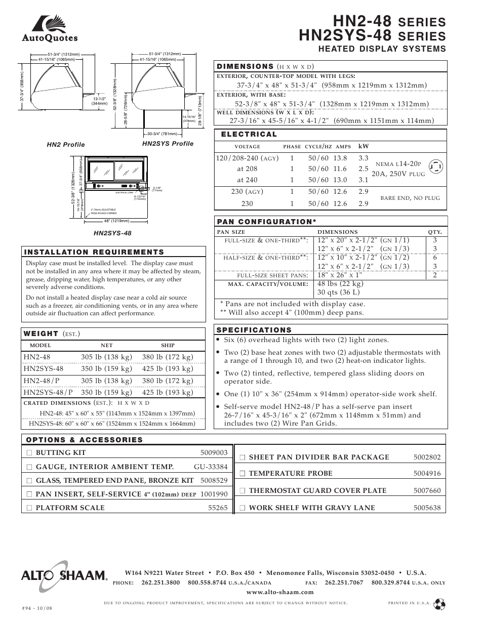 Hn2-48, Hn2sys-48, Series | Heated display systems, Six (6) overhead lights with two (2) light zones | Alto-Shaam Heated Display Systems HN2-48/P User Manual | Page 2 / 2