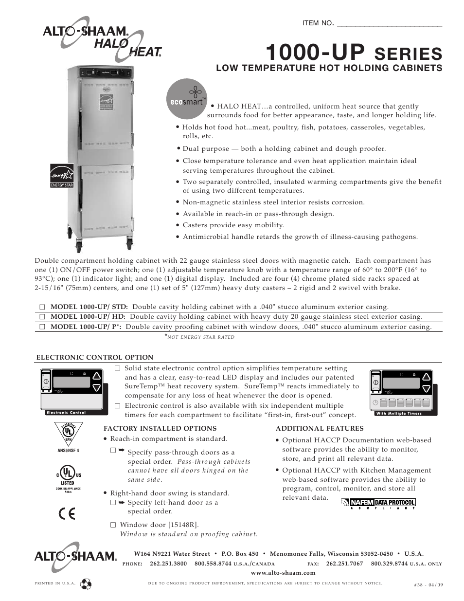 Alto-Shaam 1000-UP/ P* User Manual | 2 pages