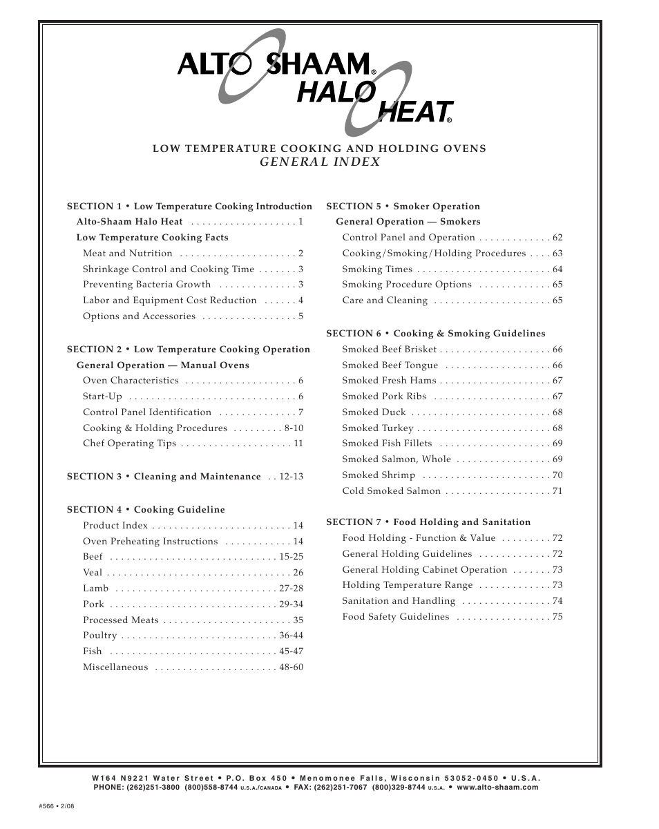 Gen era l in dex, Low temperature cooking and holding ovens | Alto-Shaam 1000-TH SERIES User Manual | Page 2 / 79