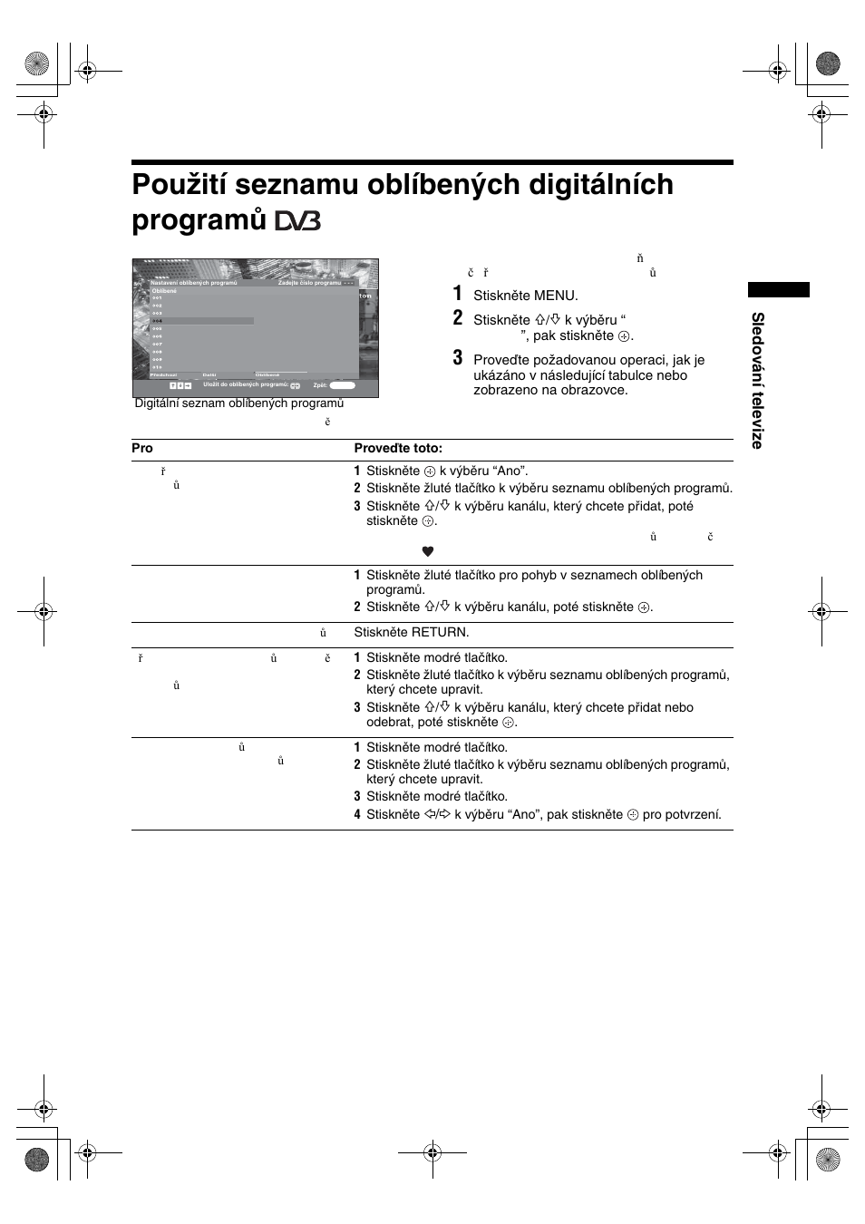 Použití seznamu oblíbených digitálních programů, Sledování televize, Stiskněte menu | Stiskněte, K výběru “ oblíbené digitální ”, pak stiskněte | Sony KDL-32S2820 User Manual | Page 111 / 193