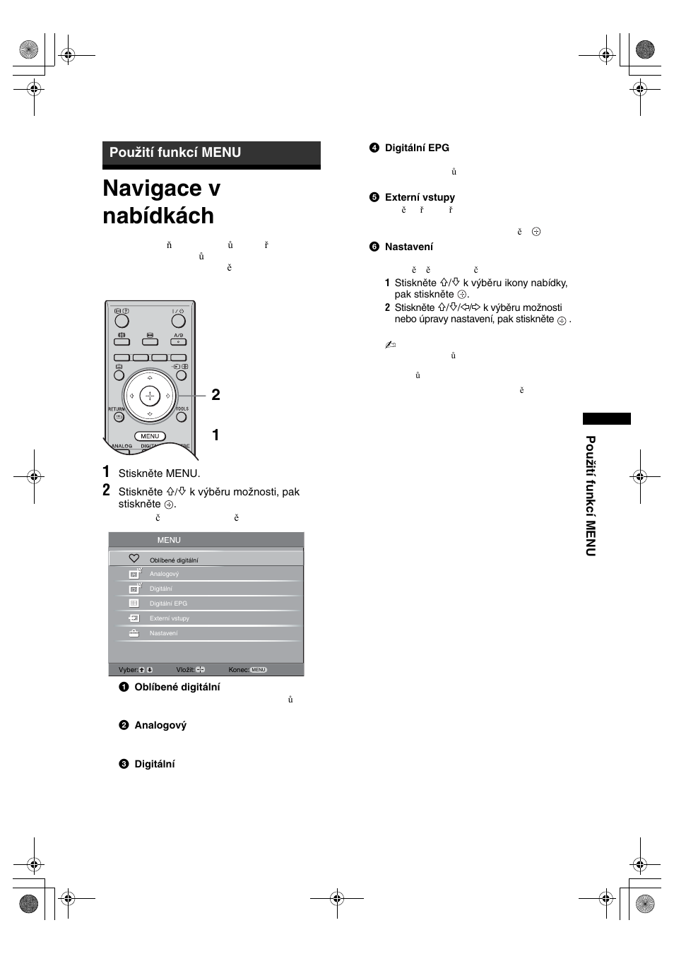 Navigace v nabídkách, Použití funkcí menu | Sony KDL-32S2820 User Manual | Page 115 / 193