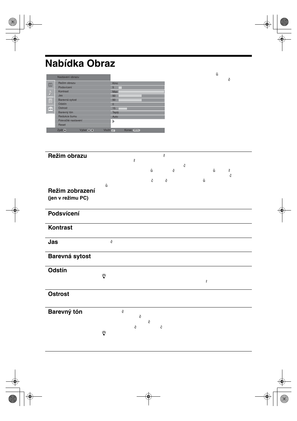 Nabídka obraz, Režim obrazu režim zobrazení, Podsvícení | Kontrast, Barevná sytost, Odstín, Ostrost, Barevný tón | Sony KDL-32S2820 User Manual | Page 116 / 193