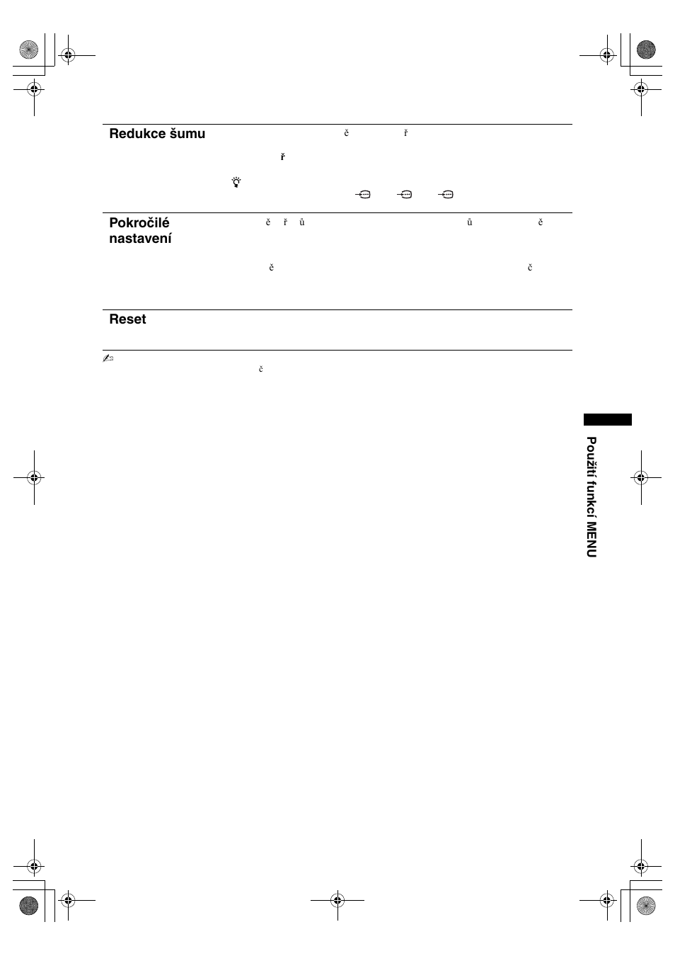 Redukce šumu, Pokročilé nastavení, Reset | Sony KDL-32S2820 User Manual | Page 117 / 193