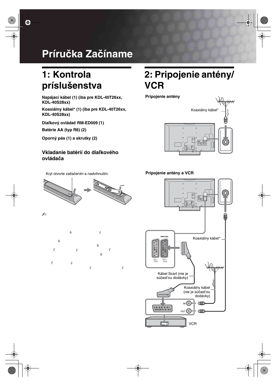 Príručka začíname, Kontrola príslušenstva, Pripojenie antény/ vcr | Sony KDL-32S2820 User Manual | Page 132 / 193