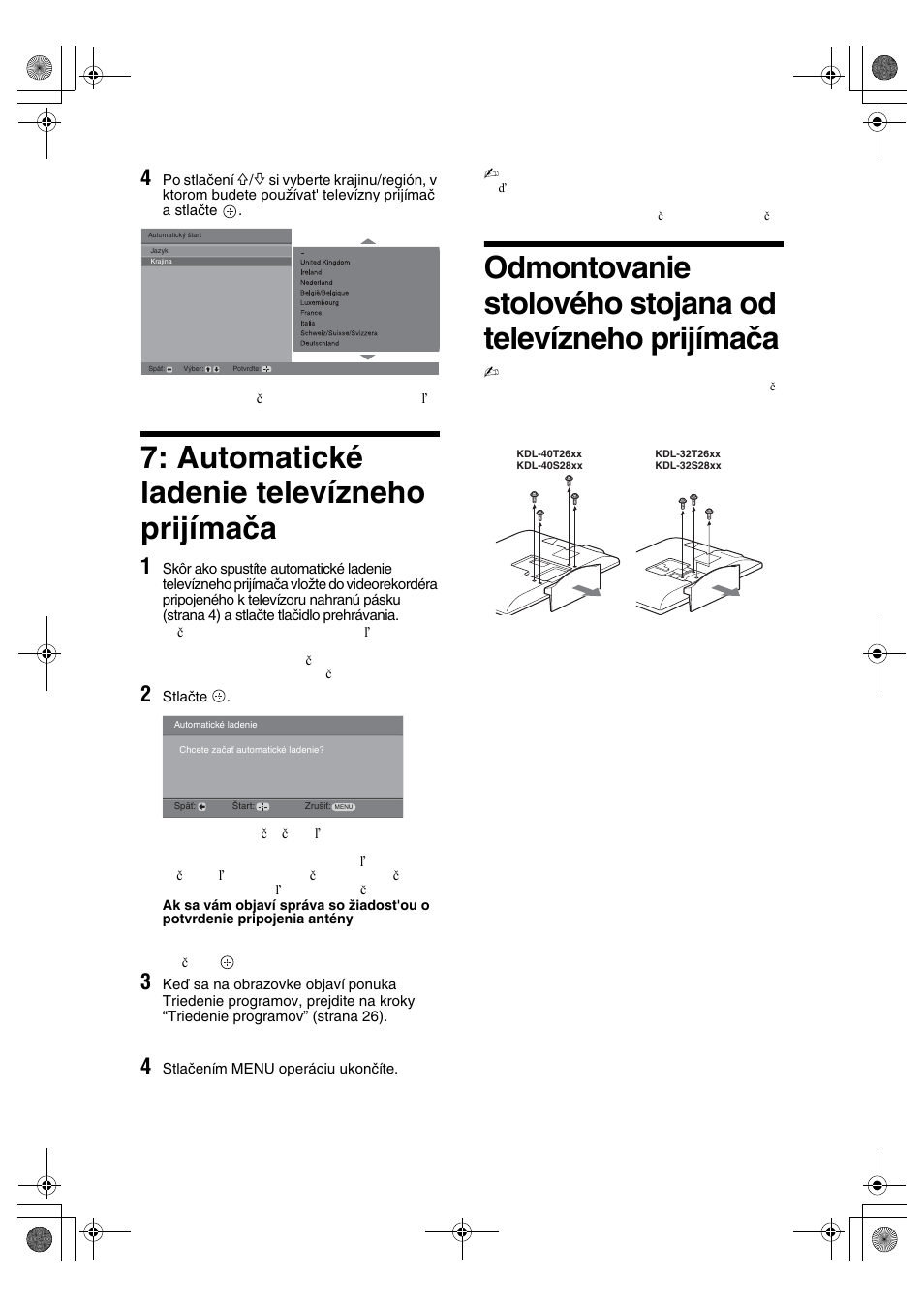 Automatické ladenie televízneho prijímača | Sony KDL-32S2820 User Manual | Page 134 / 193