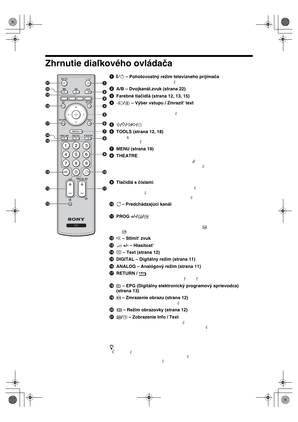Zhrnutie diaľkového ovládača | Sony KDL-32S2820 User Manual | Page 137 / 193