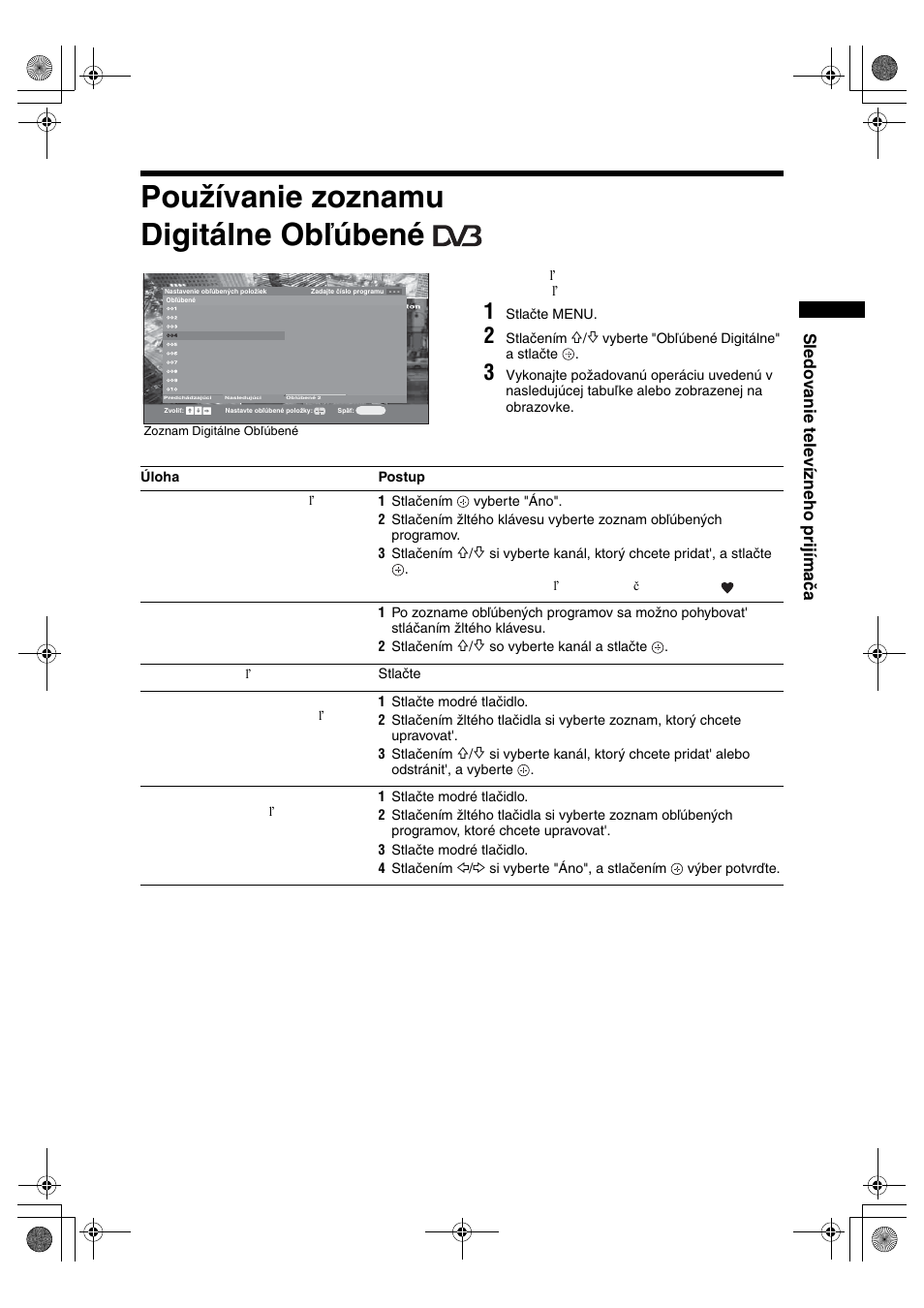 Používanie zoznamu digitálne obľúbené, Sledovanie televízneho prijímača | Sony KDL-32S2820 User Manual | Page 143 / 193