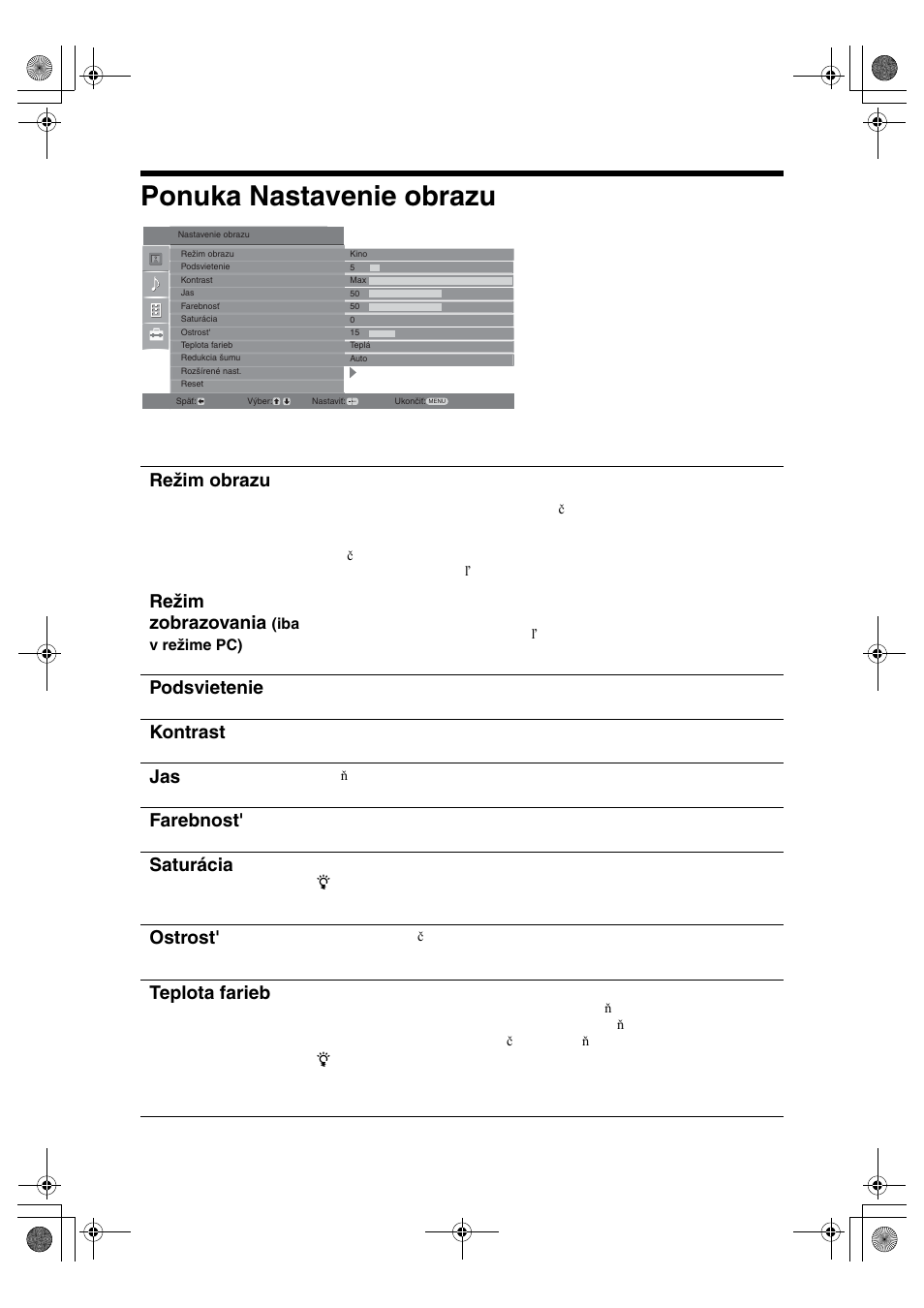 Ponuka nastavenie obrazu, Režim obrazu režim zobrazovania, Podsvietenie | Kontrast, Farebnost, Saturácia, Ostrost, Teplota farieb | Sony KDL-32S2820 User Manual | Page 148 / 193