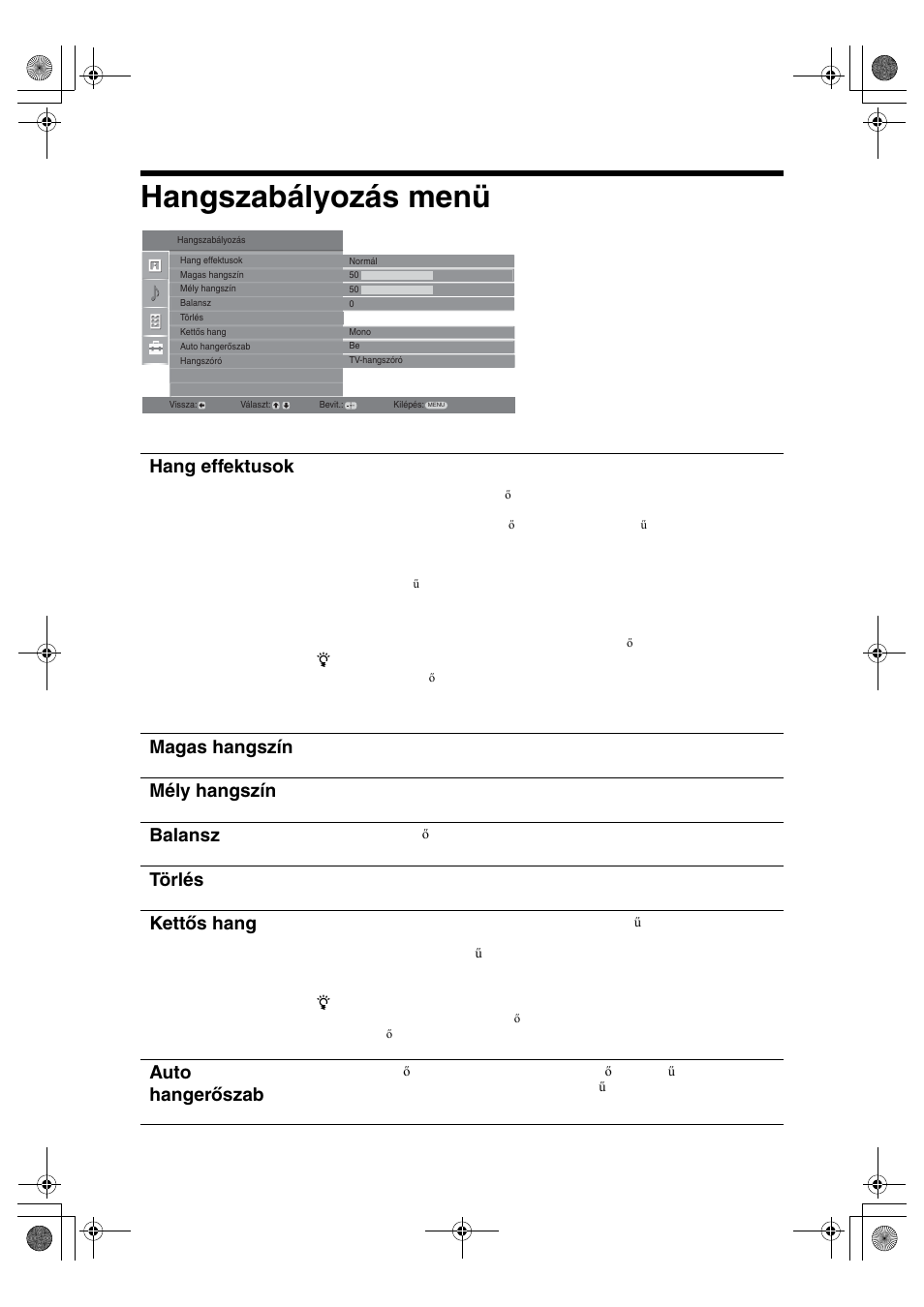 Hangszabályozás menü, Hang effektusok, Magas hangszín | Mély hangszín, Balansz, Törlés, Kettős hang, Auto hangerőszab | Sony KDL-32S2820 User Manual | Page 182 / 193