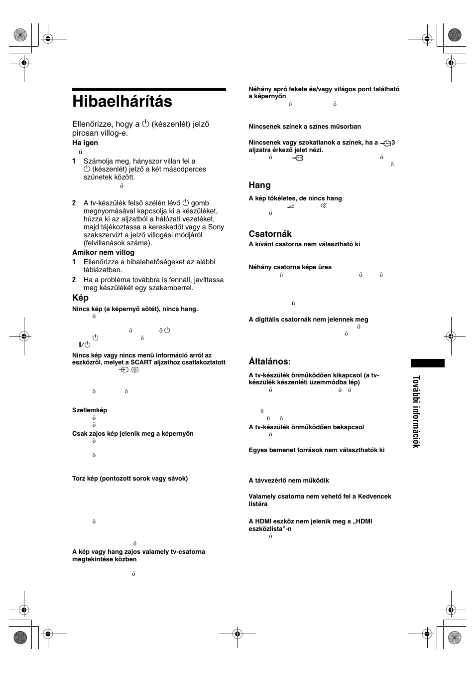 Hibaelhárítás, További információk, Hang | Csatornák, Általános | Sony KDL-32S2820 User Manual | Page 193 / 193