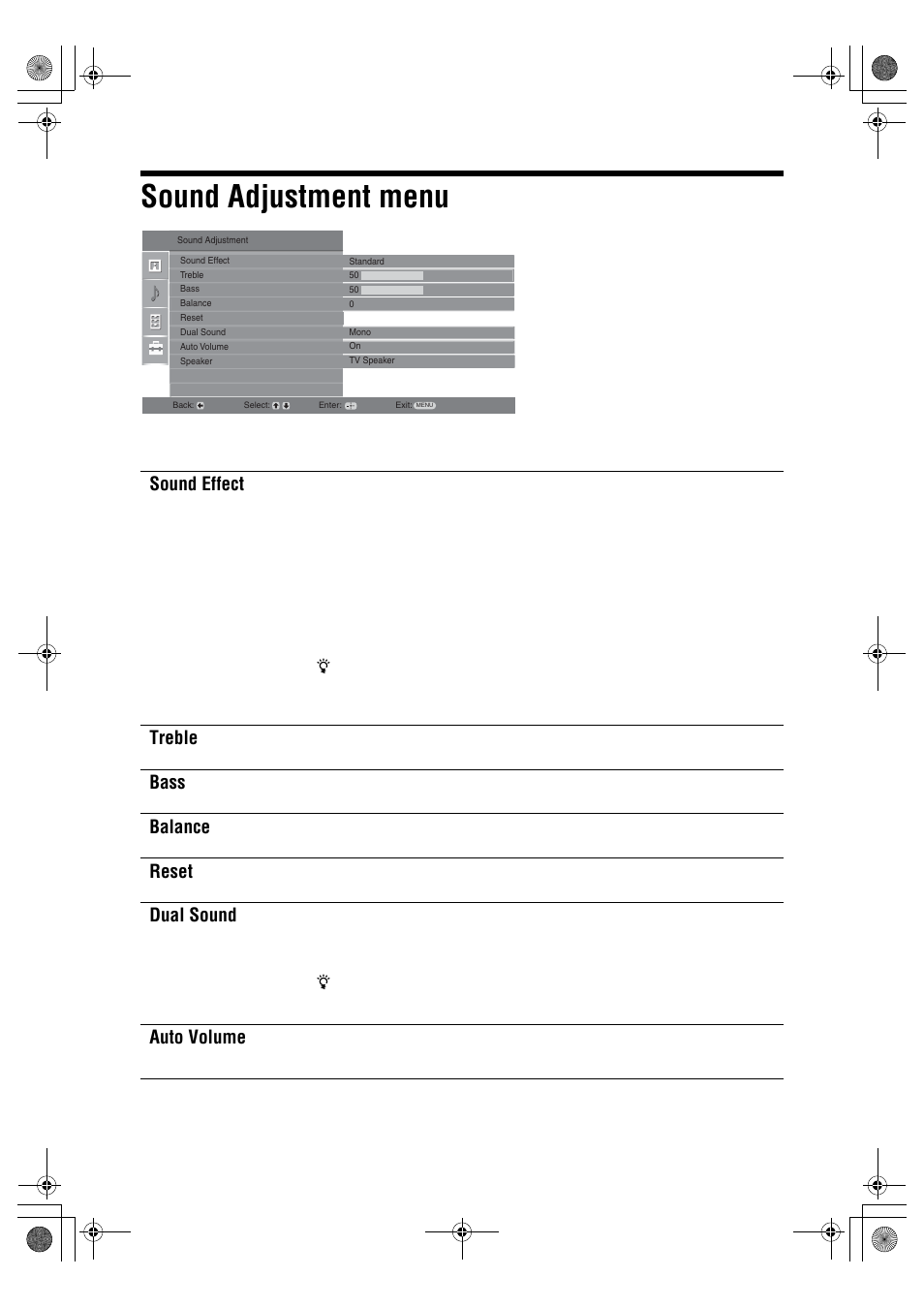 Sound adjustment menu, Sound effect, Treble | Bass, Balance, Reset, Dual sound, Auto volume | Sony KDL-32S2820 User Manual | Page 22 / 193