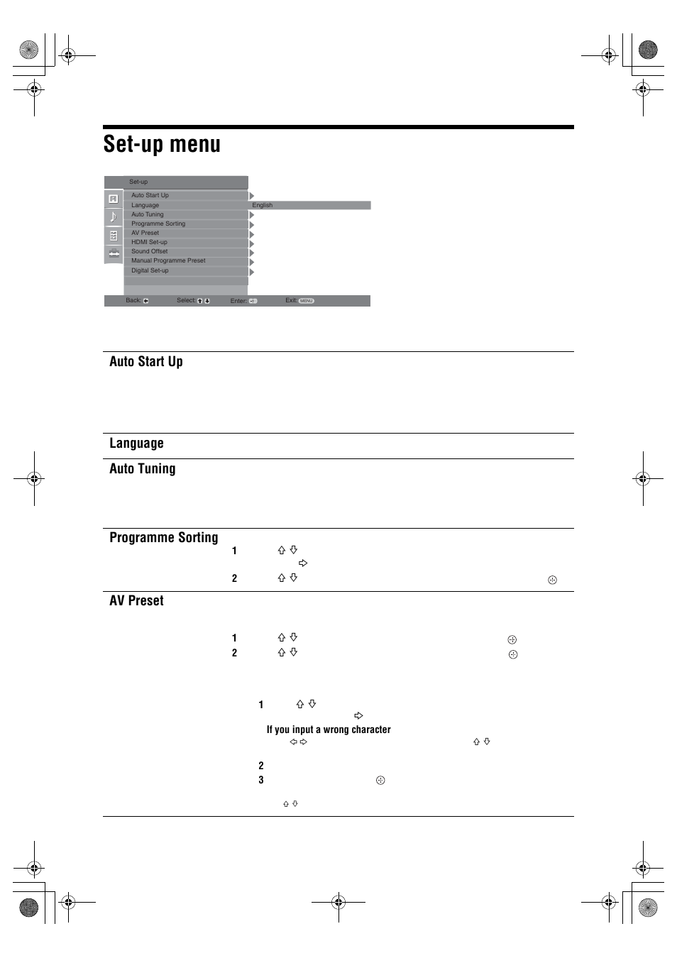 Set-up menu, Auto start up, Language | Auto tuning, Programme sorting, Av preset | Sony KDL-32S2820 User Manual | Page 26 / 193