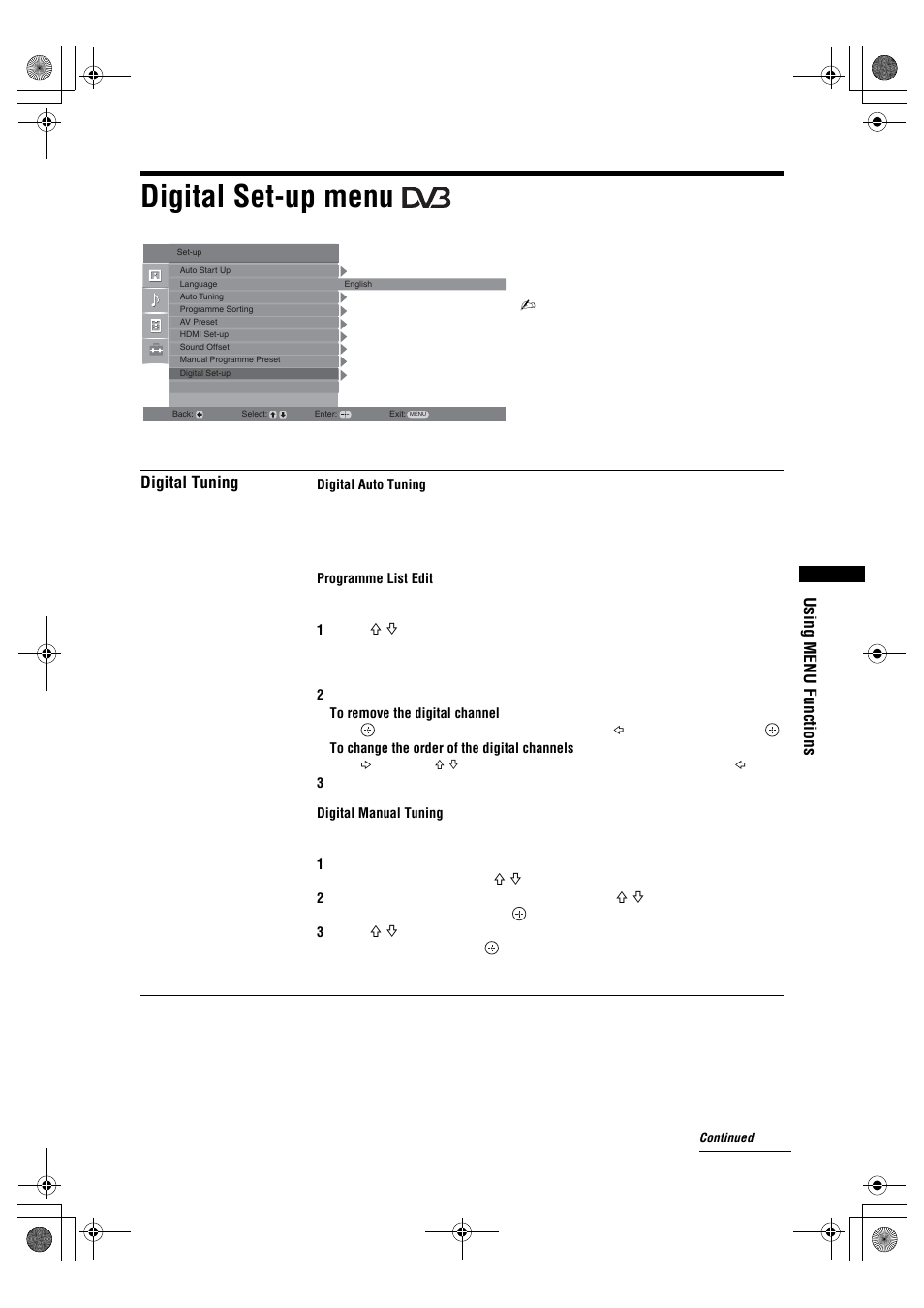 Digital set-up menu, Using menu functions, Digital tuning | Sony KDL-32S2820 User Manual | Page 29 / 193