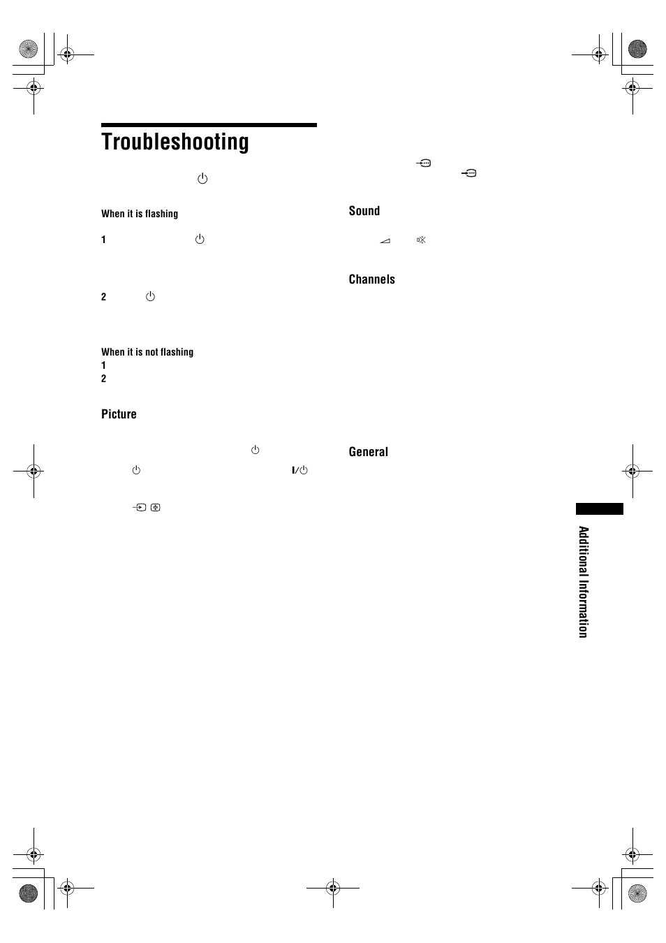 Troubleshooting, Additional information, Picture | Sound, Channels, General | Sony KDL-32S2820 User Manual | Page 33 / 193