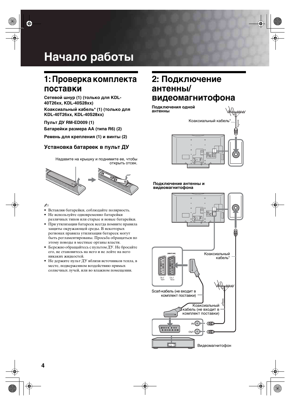 Начало работы, Проверка комплекта поставки, Подключение антенны/ видеомагнитофона | Sony KDL-32S2820 User Manual | Page 36 / 193