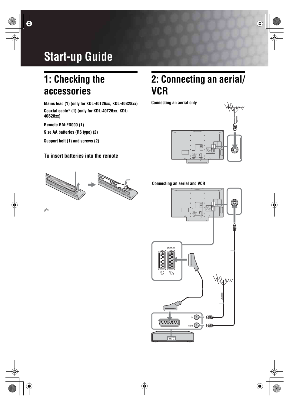 Start-up guide, Checking the accessories, Connecting an aerial/ vcr | Sony KDL-32S2820 User Manual | Page 4 / 193