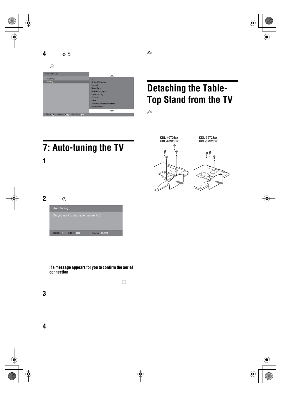 Auto-tuning the tv, Detaching the table- top stand from the tv | Sony KDL-32S2820 User Manual | Page 6 / 193