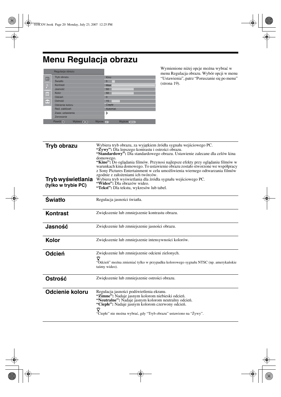 Menu regulacja obrazu, Tryb obrazu tryb wyświetlania, Światło | Kontrast, Jasność, Kolor, Odcień, Ostrość, Odcienie koloru | Sony KDL-32S2820 User Manual | Page 84 / 193