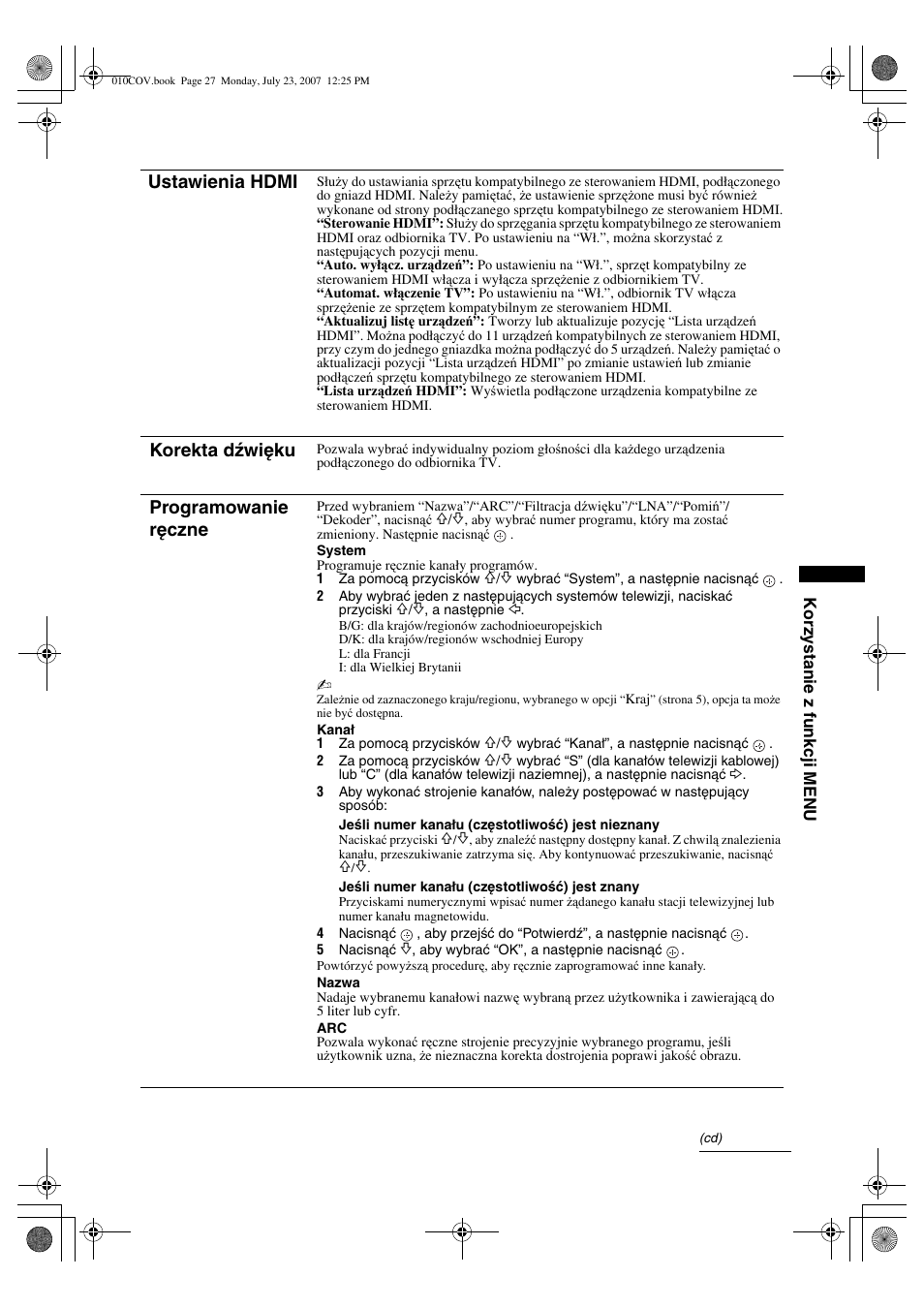 Ustawienia hdmi, Korekta dźwięku, Programowanie ręczne | Sony KDL-32S2820 User Manual | Page 91 / 193