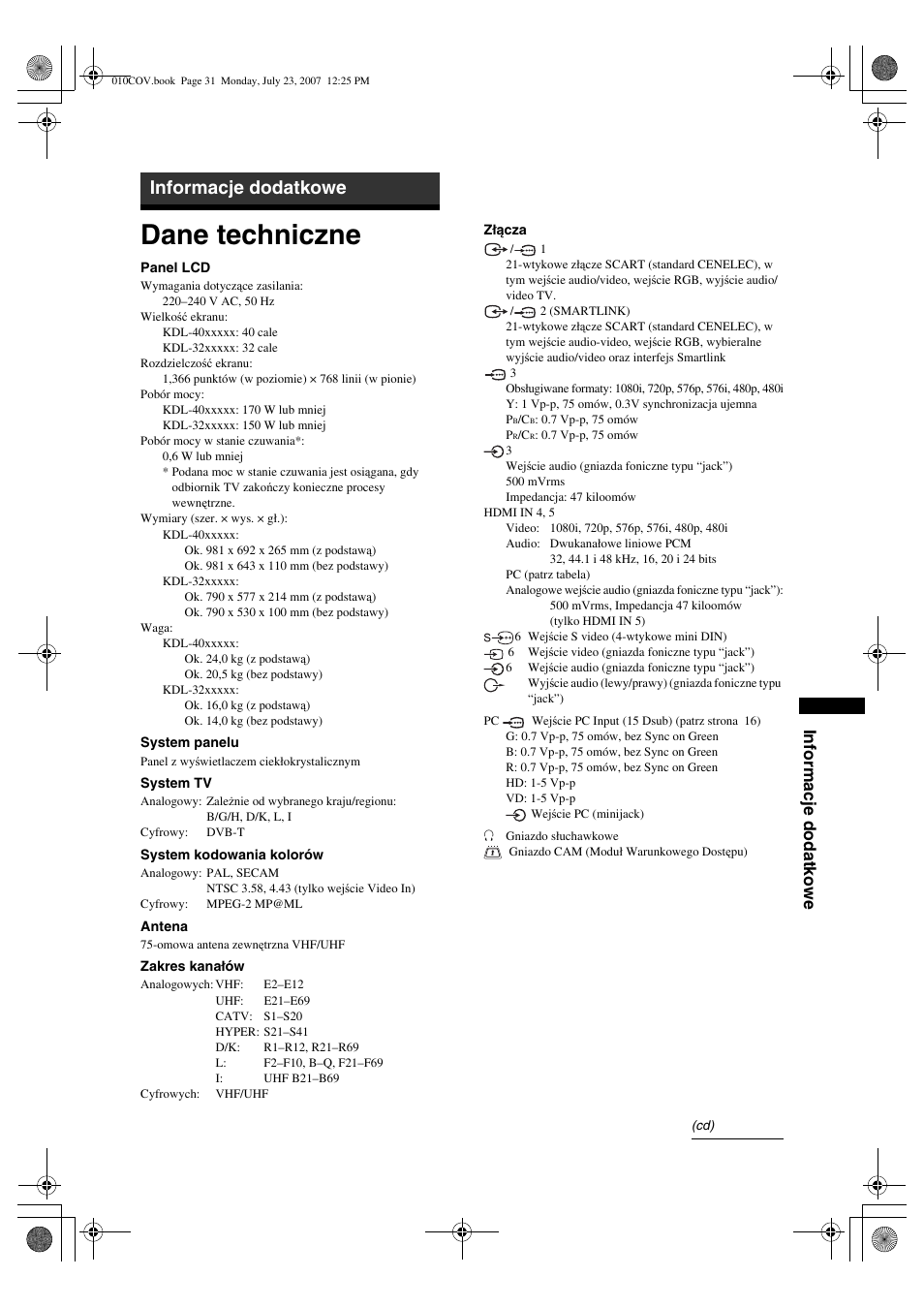 Dane techniczne, Informacje dodatkowe | Sony KDL-32S2820 User Manual | Page 95 / 193