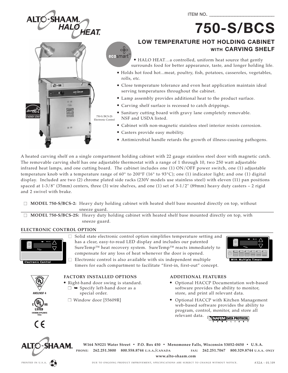 Alto-Shaam Halo Heat 750-S/BCS-2 User Manual | 2 pages