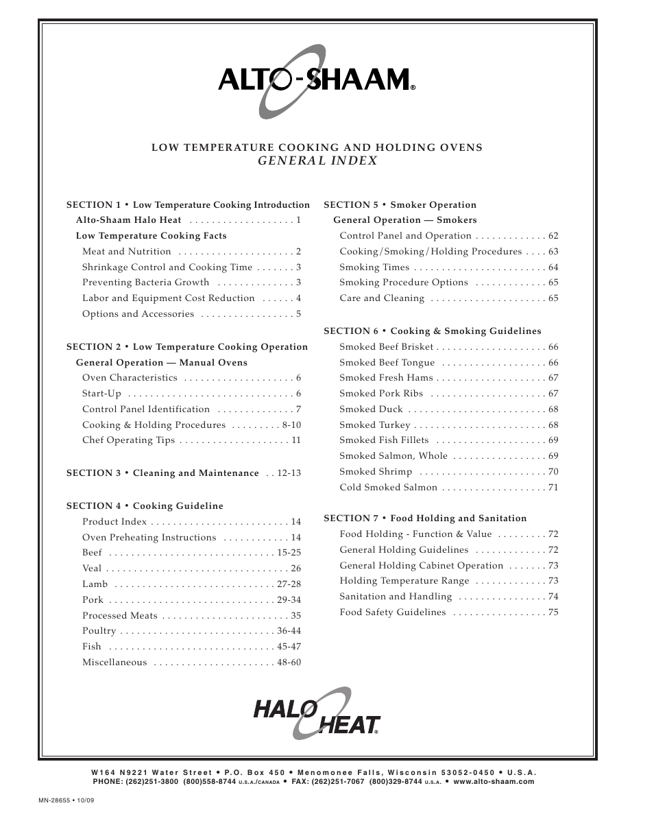 Gen era l in dex, Low temperature cooking and holding ovens | Alto-Shaam LOW TEMPERATURE COOKING AND HOLDING OVENS 750 User Manual | Page 2 / 79