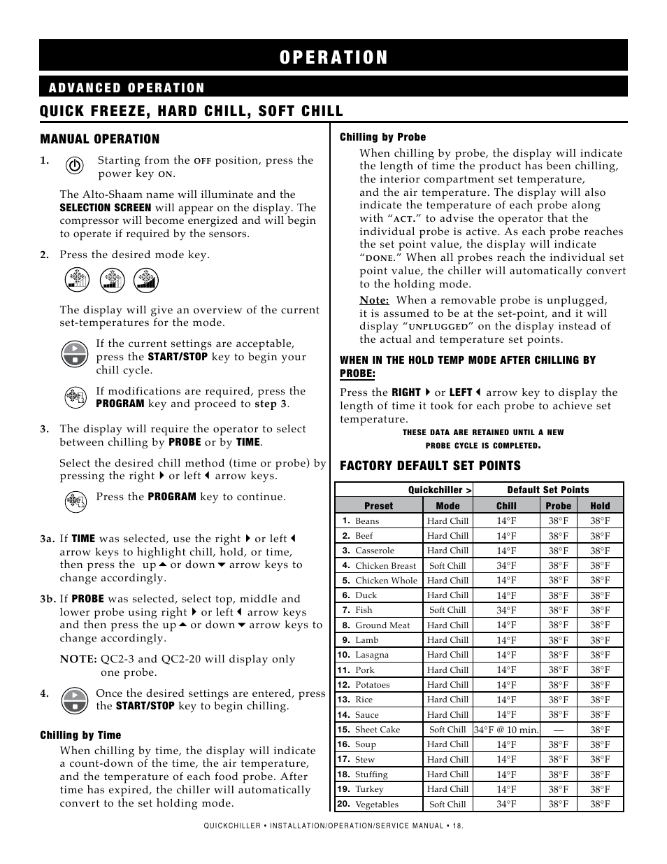 Quick freeze, hard chill, soft chill, Manual operation, Factory default set points | Alto-Shaam QC2-3 User Manual | Page 20 / 60