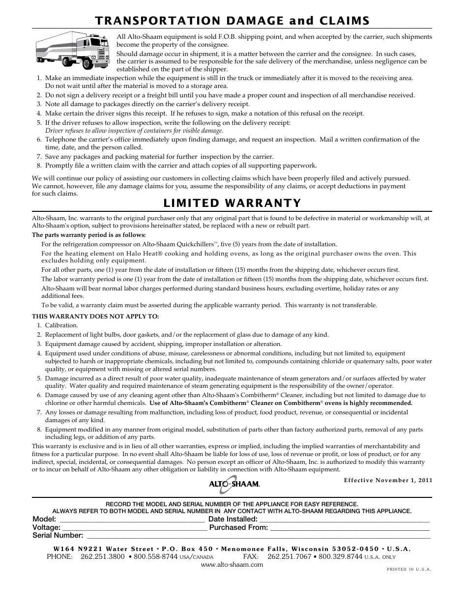 Transportation damage and claims, Limited warranty | Alto-Shaam QC2-3 User Manual | Page 60 / 60