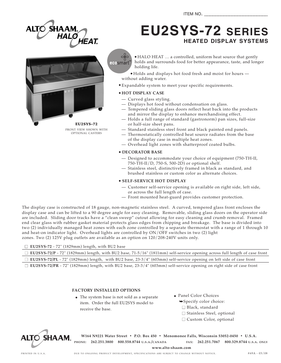 Alto-Shaam EU2SYS-72/P User Manual | 2 pages