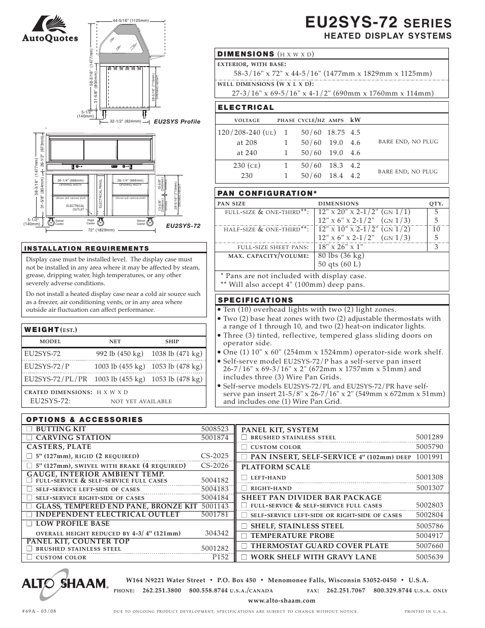 Series, Heated display systems, Cs-2025 | Cs-2026 gauge, interior ambient temp, P152 panel kit, system, Eu2sys-72, Ten (10) overhead lights with two (2) light zones, Self-serve model, Self-serve models, Eu2sys-72/p | Alto-Shaam EU2SYS-72/P User Manual | Page 2 / 2
