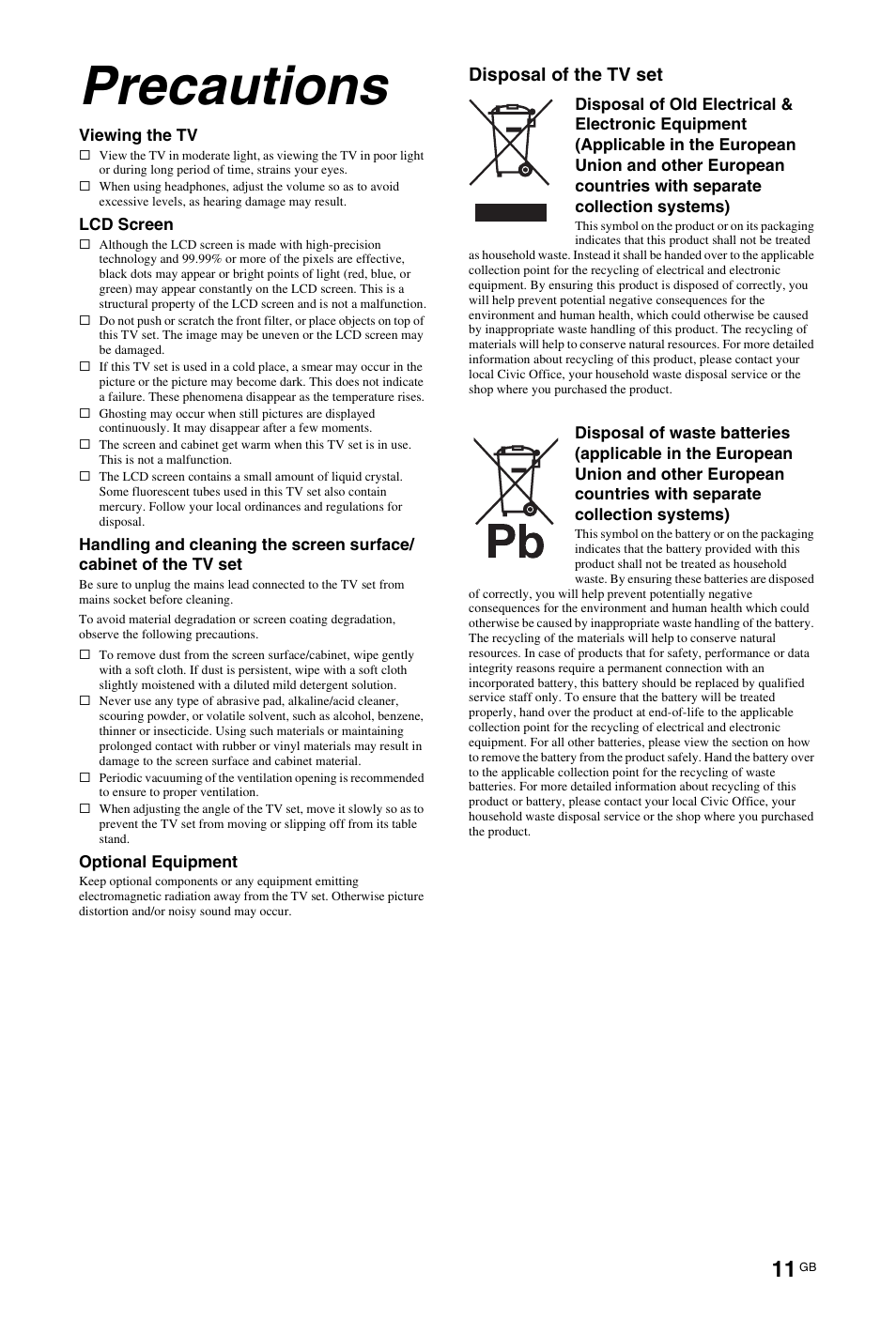 Precautions, Disposal of the tv set | Sony KDL-40W4710 User Manual | Page 11 / 179