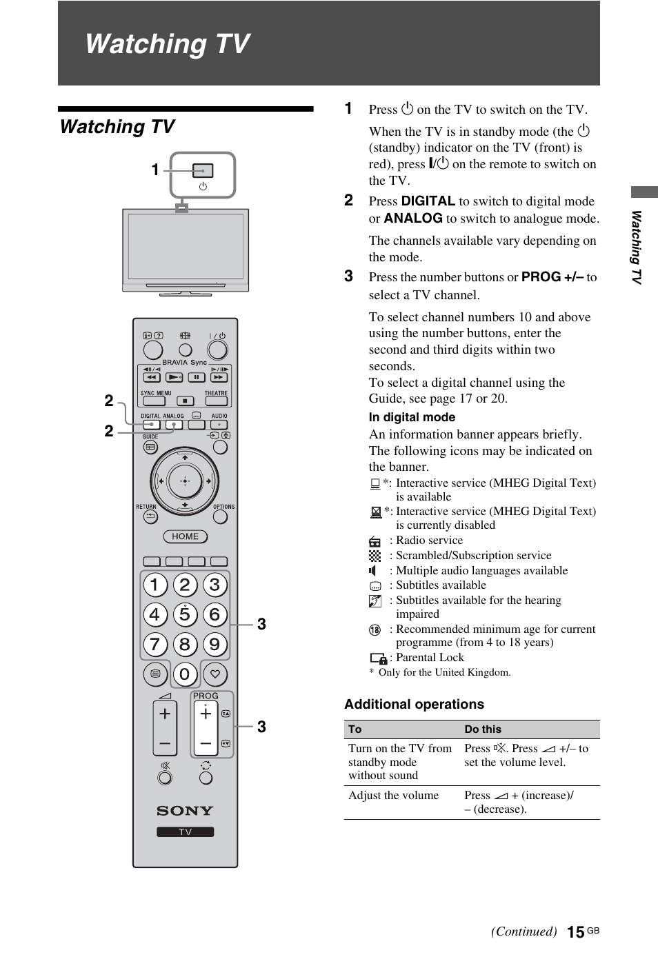 Watching tv | Sony KDL-40W4710 User Manual | Page 15 / 179